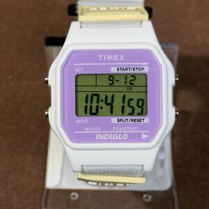 Timex Indiglo Digital Watch Retro 90s White Purple Face Hook & Loop Strap Unisex